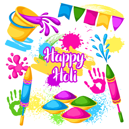 Happy Holi set of elements. Buckets with paint, water guns, flags, blots and stainsのイラスト素材