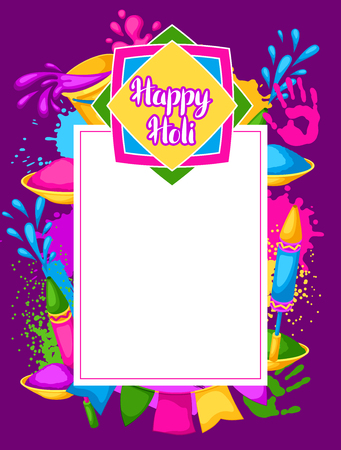 Happy Holi colorful frame. Illustration of buckets with paint, water guns, flags, blots and stainsのイラスト素材