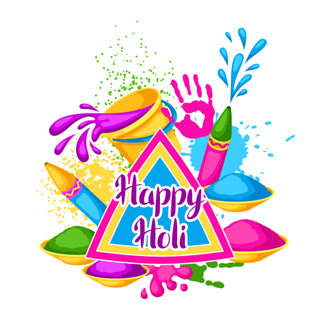Happy Holi colorful background. Illustration of buckets with paint, water guns, flags, blots and stainsのイラスト素材