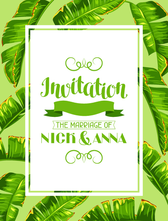 Invitation with banana palm leaves. Decorative tropical foliageのイラスト素材