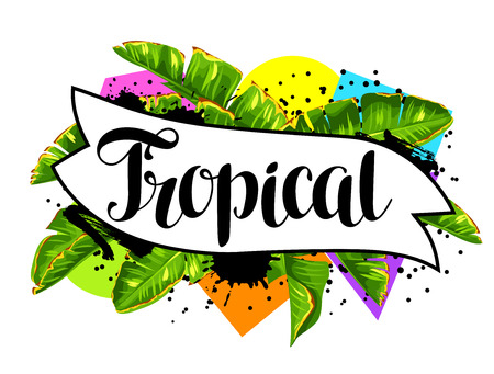 Print with banana palm leaves. Decorative tropical foliageのイラスト素材