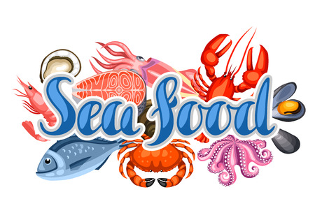 Pattern with various seafood. Illustration of fish, shellfish and crustaceansのイラスト素材