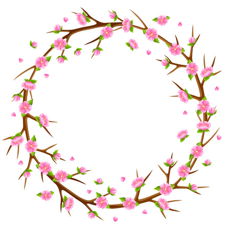 Spring frame with branches of tree and sakura flowers. Seasonal illustrationのイラスト素材
