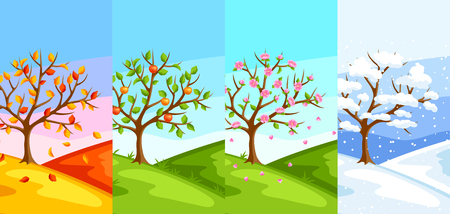 Four seasons. Illustration of tree and landscape in winter, spring, summer, autumn.のイラスト素材