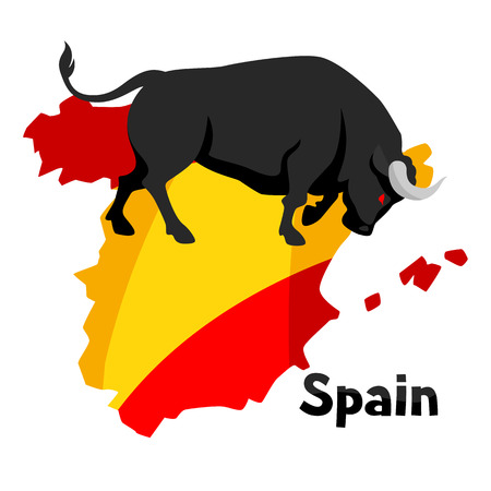 Traditional spanish corrida. Bull on background flag and map of Spainのイラスト素材