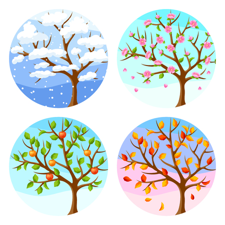 Four seasons. Illustration of tree and landscape in winter, spring, summer, autumn.のイラスト素材