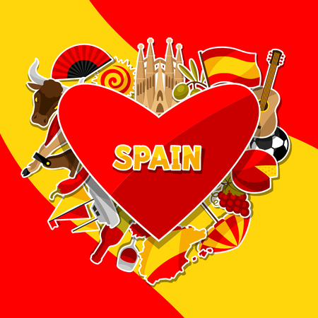 Spain background design. Spanish traditional sticker symbols and objectsのイラスト素材