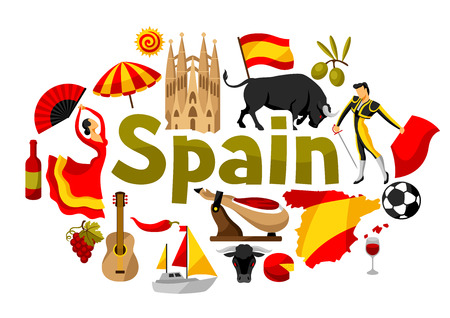 Spain background design. Spanish traditional symbols and objects.のイラスト素材