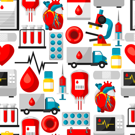 Seamless pattern with blood donation items. Medical and health care objectsのイラスト素材