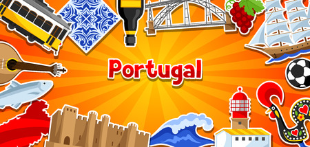 Portugal banner with stickers. Portuguese national traditional symbols and objectsのイラスト素材