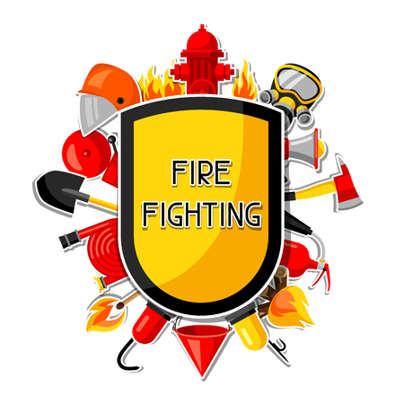 Badge with firefighting sticker items. Fire protection equipmentのイラスト素材