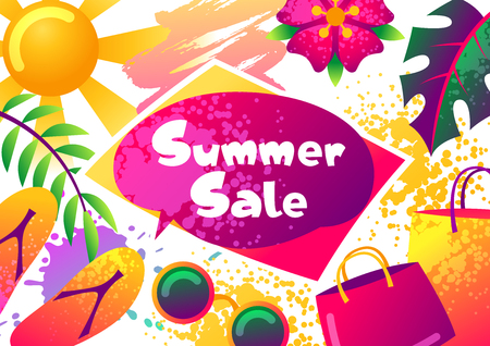 Summer sale banner with colorful elements. Sun, palm leaves and shopping bagsのイラスト素材
