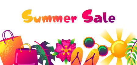 Summer sale banner with colorful elements. Sun, palm leaves and shopping bagsのイラスト素材