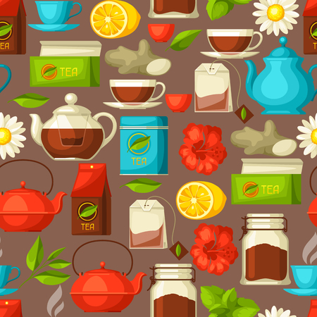 Seamless pattern with tea and accessories, packs and kettlesのイラスト素材
