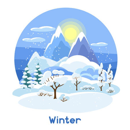 Winter landscape with trees, mountains and hills. Seasonal illustrationのイラスト素材