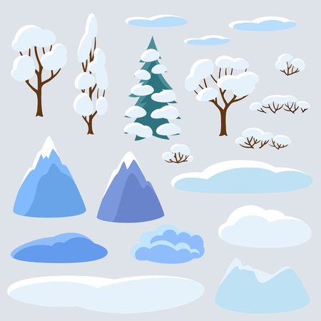 Winter set of trees, mountains and hills. Seasonal collectionのイラスト素材