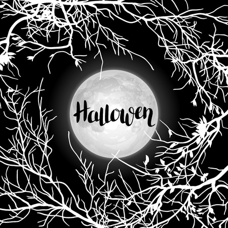 Halloween background with moon and tree branches. Invitation to party or greeting cardのイラスト素材