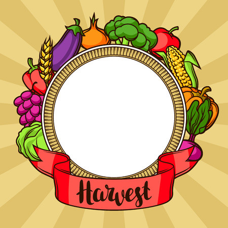 Harvest decorative element. Autumn illustration with ribbon, seasonal fruits and vegetablesのイラスト素材
