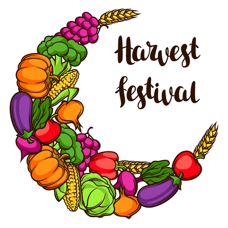 Harvest decorative element. Autumn illustration with ribbon, seasonal fruits and vegetablesのイラスト素材
