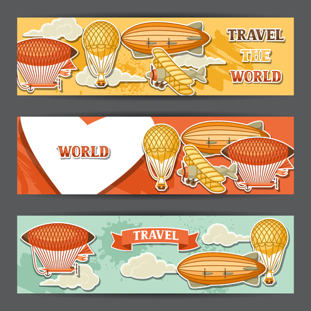 Travel banners with retro air transport. Vintage aerostat airship, blimp and plain in cloudy skyのイラスト素材