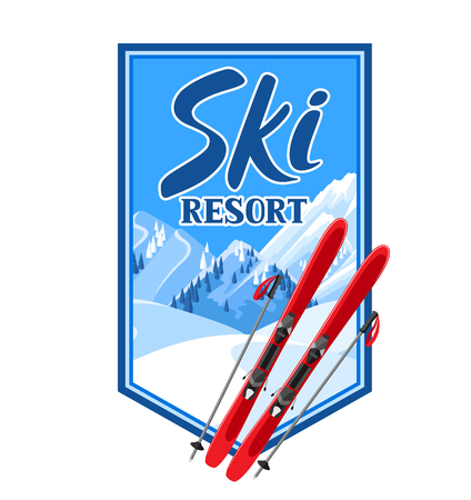 Winter background with skiing equipment. Snowy mountains and fir forestのイラスト素材