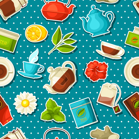 Seamless pattern with tea and accessories, packs and kettles.のイラスト素材