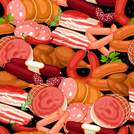 Seamless pattern with meat products. Illustration of sausages, bacon and ham.のイラスト素材