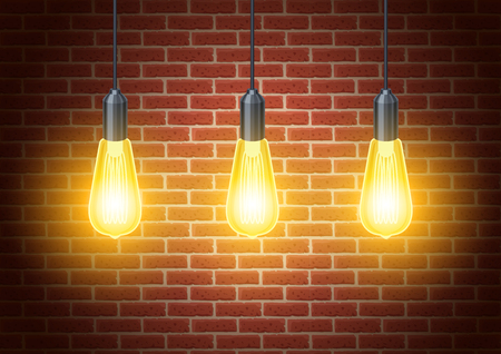 Classic light bulbs on rustic brick wall.のイラスト素材