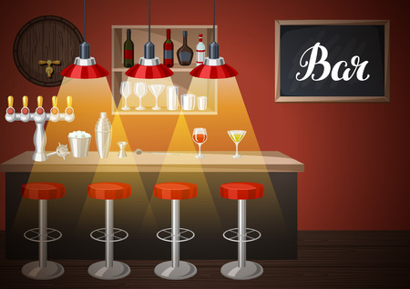Bar counter in pub or night club. Illustration of interior with accessories, beverages and cocktails.のイラスト素材