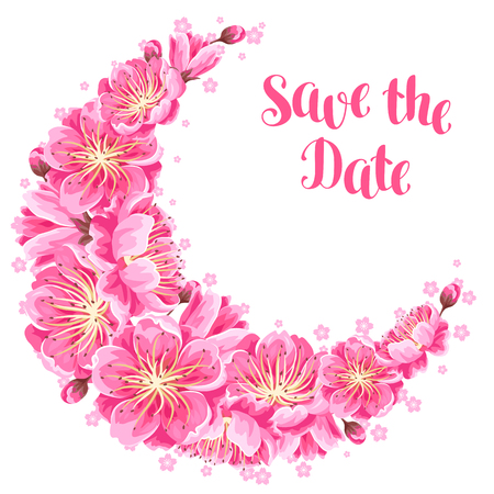 Decoration with sakura or cherry blossom. Save the date. Floral japanese ornament of blooming flowers.のイラスト素材