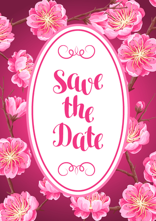 Background with sakura or cherry blossom. Save the date. Floral japanese ornament of blooming flowers.のイラスト素材