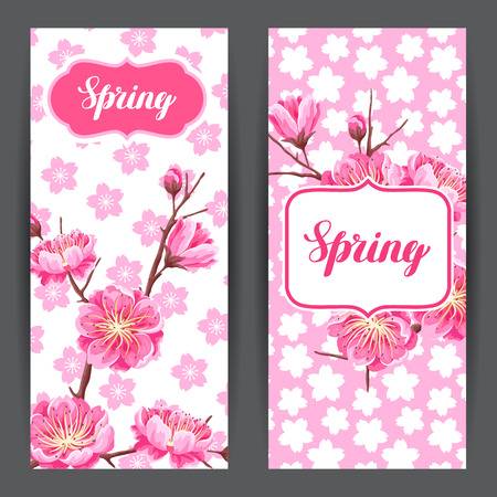 Spring banners with sakura or cherry blossom. Floral japanese ornament of blooming flowers.のイラスト素材