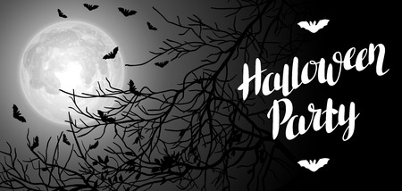 Halloween background with moon and tree branches. Invitation to party or greeting card.のイラスト素材