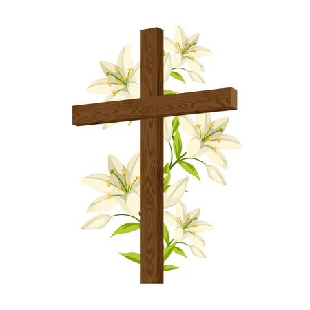 Silhouette of wooden cross with lilies. Happy Easter concept illustration or greeting card. Religious symbols of faith.のイラスト素材