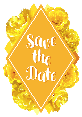 Save the date card with fluffy yellow tulips. Beautiful realistic flowers and buds.のイラスト素材