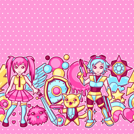 Japanese anime cosplay seamless pattern. Cute characters and items.のイラスト素材
