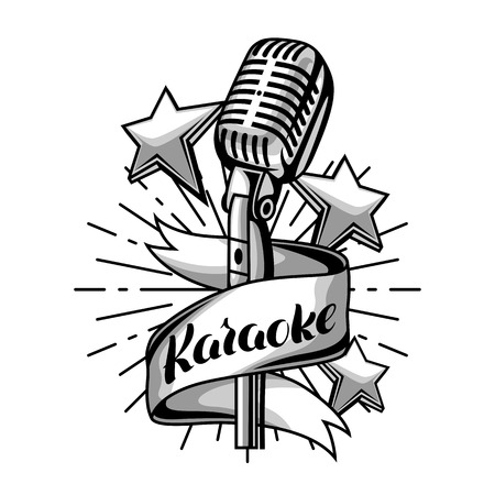 Karaoke party label. Music event background. Illustration with microphone in retro style.のイラスト素材