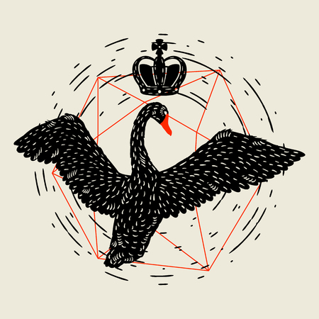 Background with flying black swan. Hand drawn bird.のイラスト素材