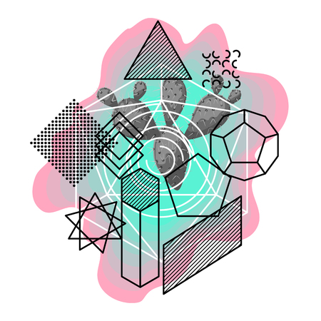 Background with abstract geometric shapes and cactus.のイラスト素材