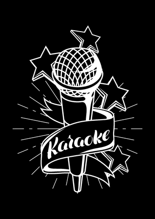 Karaoke party label. Music event background. Illustration with microphone in retro style.のイラスト素材