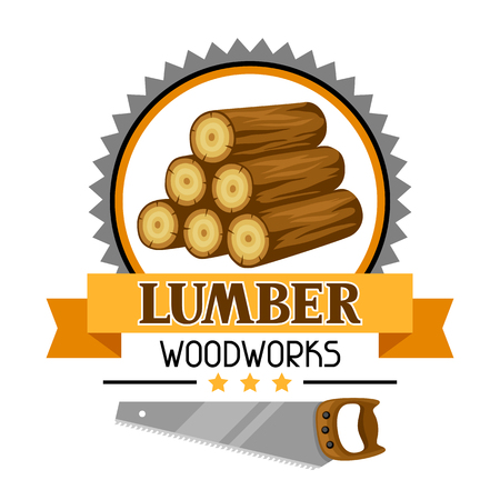 Lumber label with wood stack and saw. Emblem for forestry and lumber industry. Vector illustrationのイラスト素材