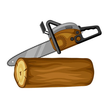 Gasoline saw and wood log. Illustration for forestry and lumber industry. Vector illustration.のイラスト素材