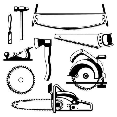 Set of equipment and tools for forestry and lumber industry.のイラスト素材