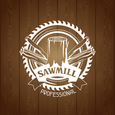 Woodwork label with wood logs and saw. Emblem for forestry and lumber industry.のイラスト素材