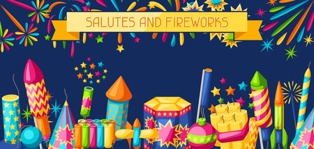 Banner with colorful fireworks. Different types of pyrotechnics, salutes and firecrackers.のイラスト素材