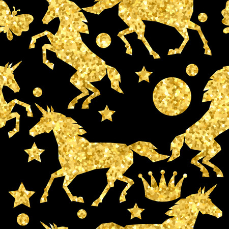 Seamless pattern with unicorns and gold glitter texture.のイラスト素材