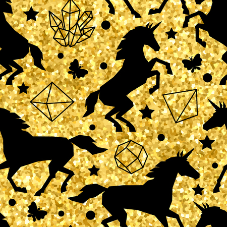 Seamless pattern with unicorns and gold glitter texture.のイラスト素材