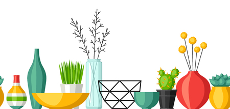 Home decoration vases, flower pots, succulents and cacti. Interior seamless pattern.のイラスト素材
