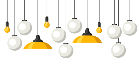 Banner with hanging chandeliers, lamps and lighting fixtures.のイラスト素材