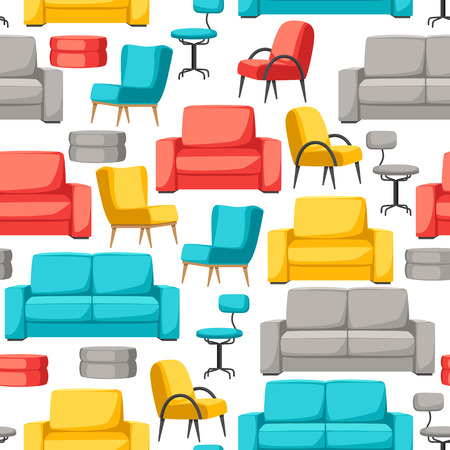 Interior and furniture seamless pattern. Sofa armchair and pouf.のイラスト素材